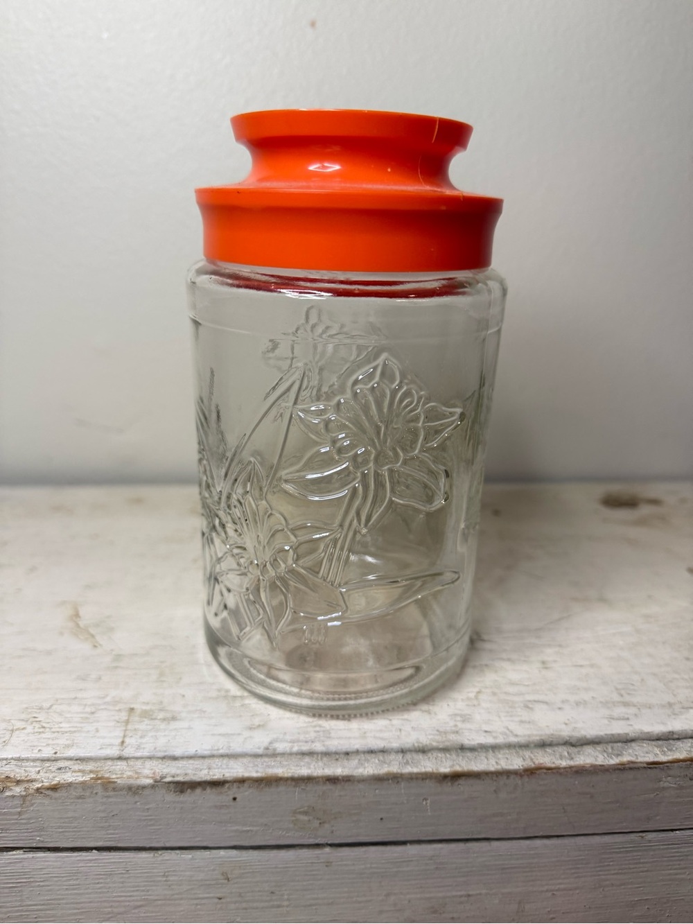 Vintage Anchor Hocking Daffodils Embossed Clear Glass Storage Jar with Orange Li